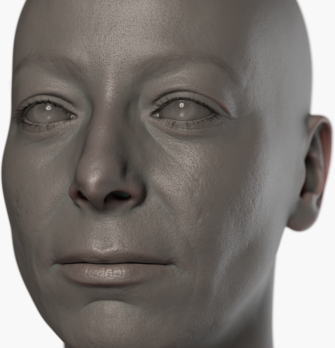 Clay render of a female 3D head scan highlighting skin pore and surface micro-detail captured via photogrammetry